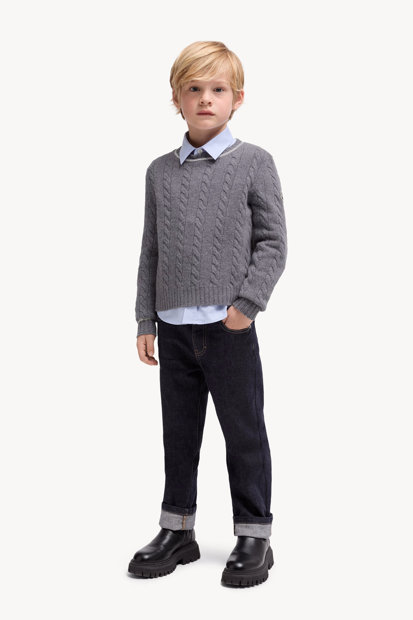 Stripe-Trimmed Wool Sweater Boy Grey Moncler 2